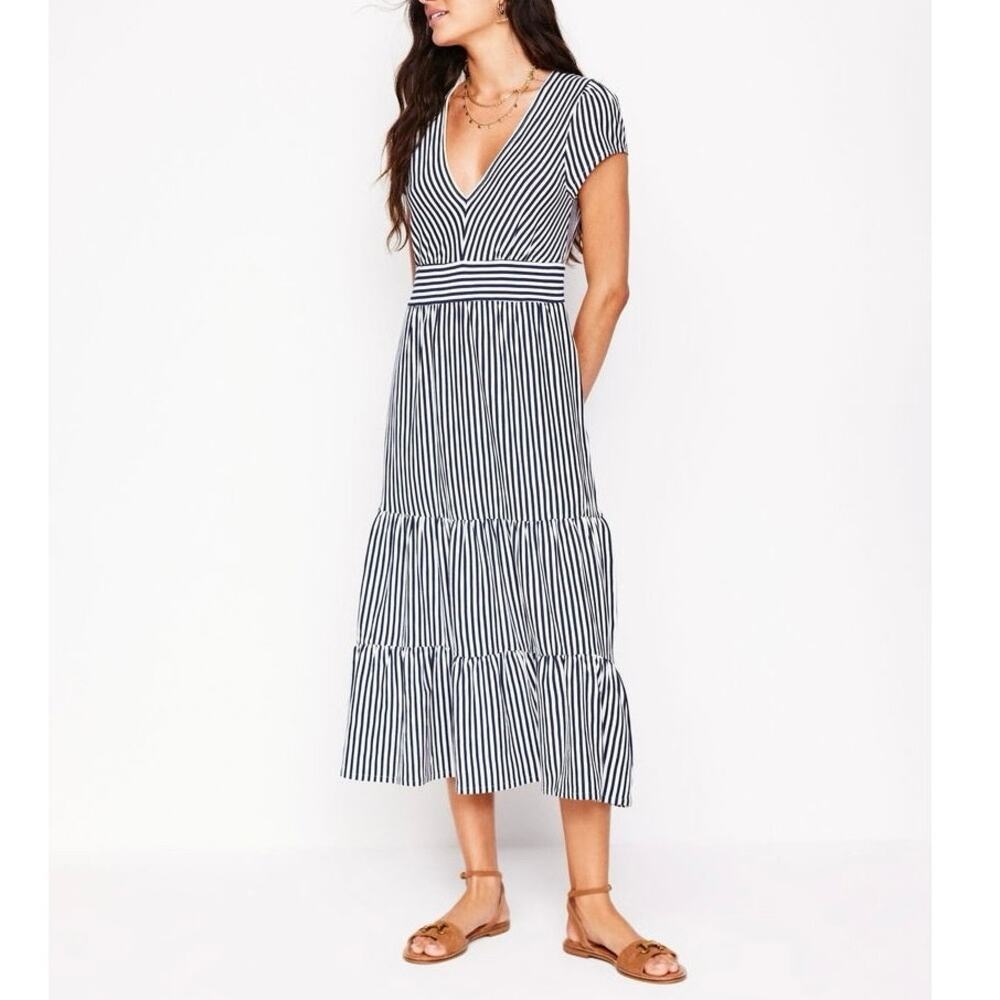 Boden Eloise Tiered Jersey Cotton Midi Dress Navy White Stripe US 16-18R Casual